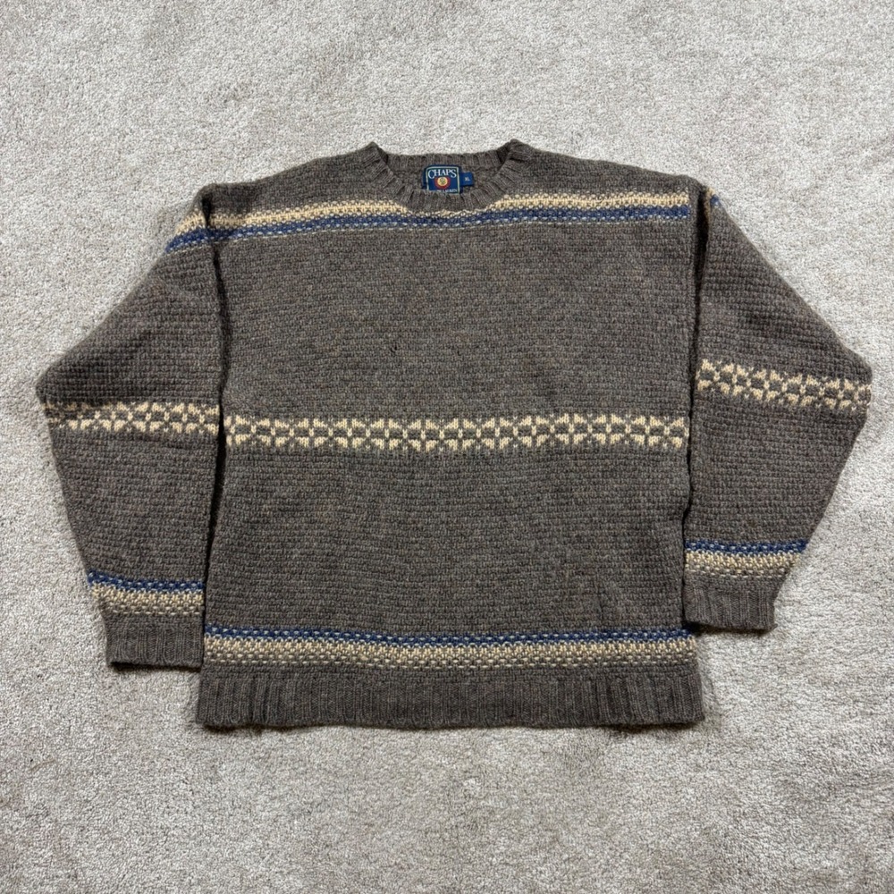 Vintage Chaps Ralph Lauren Mens XL Brown Wool Fair Isle Knit Crewneck Sweater